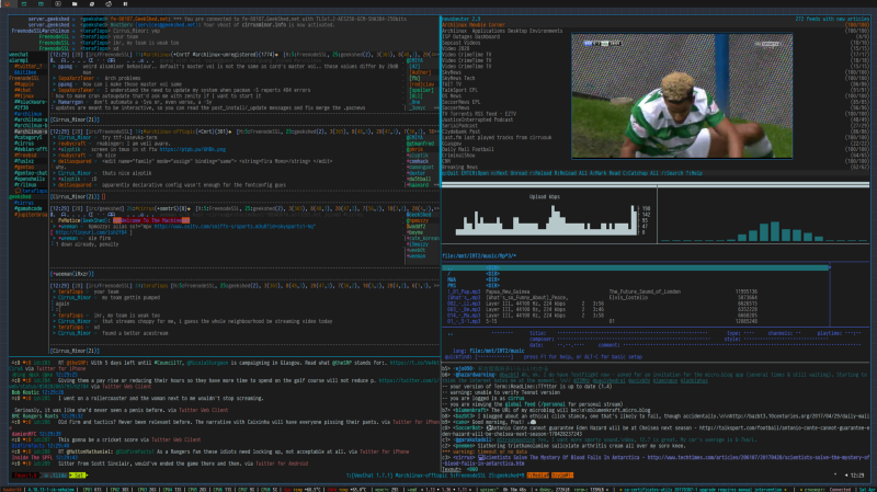 Example terminal with tmux panes from reddit.com/r/unixport