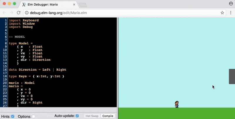 Elm game with time-traveling debugger